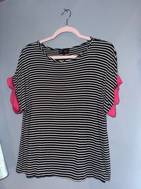 B Famous USA Black White Striped Top Pink Ruffle Sleeve Size M Cute Casual